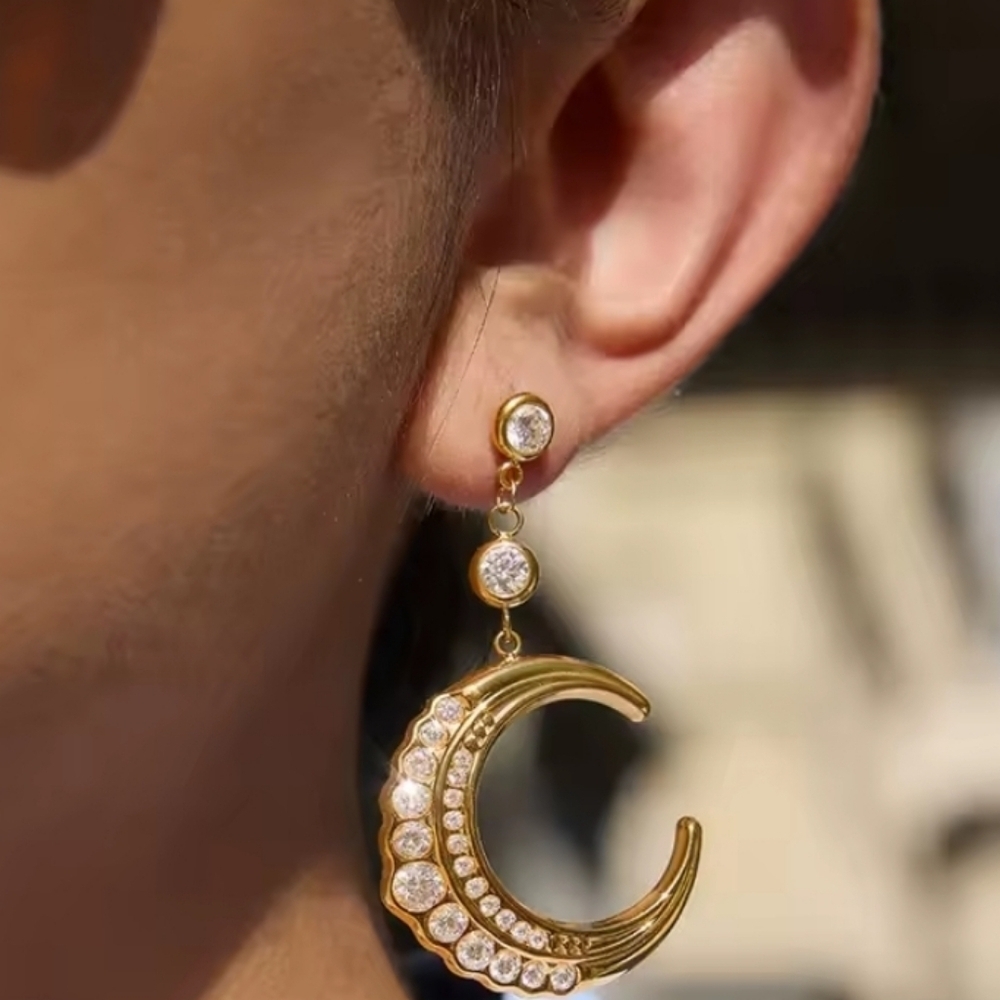Celestial Pavé Crescent Moon Drop Earrings • Bezel Set Cubic Zirconia • NWOT